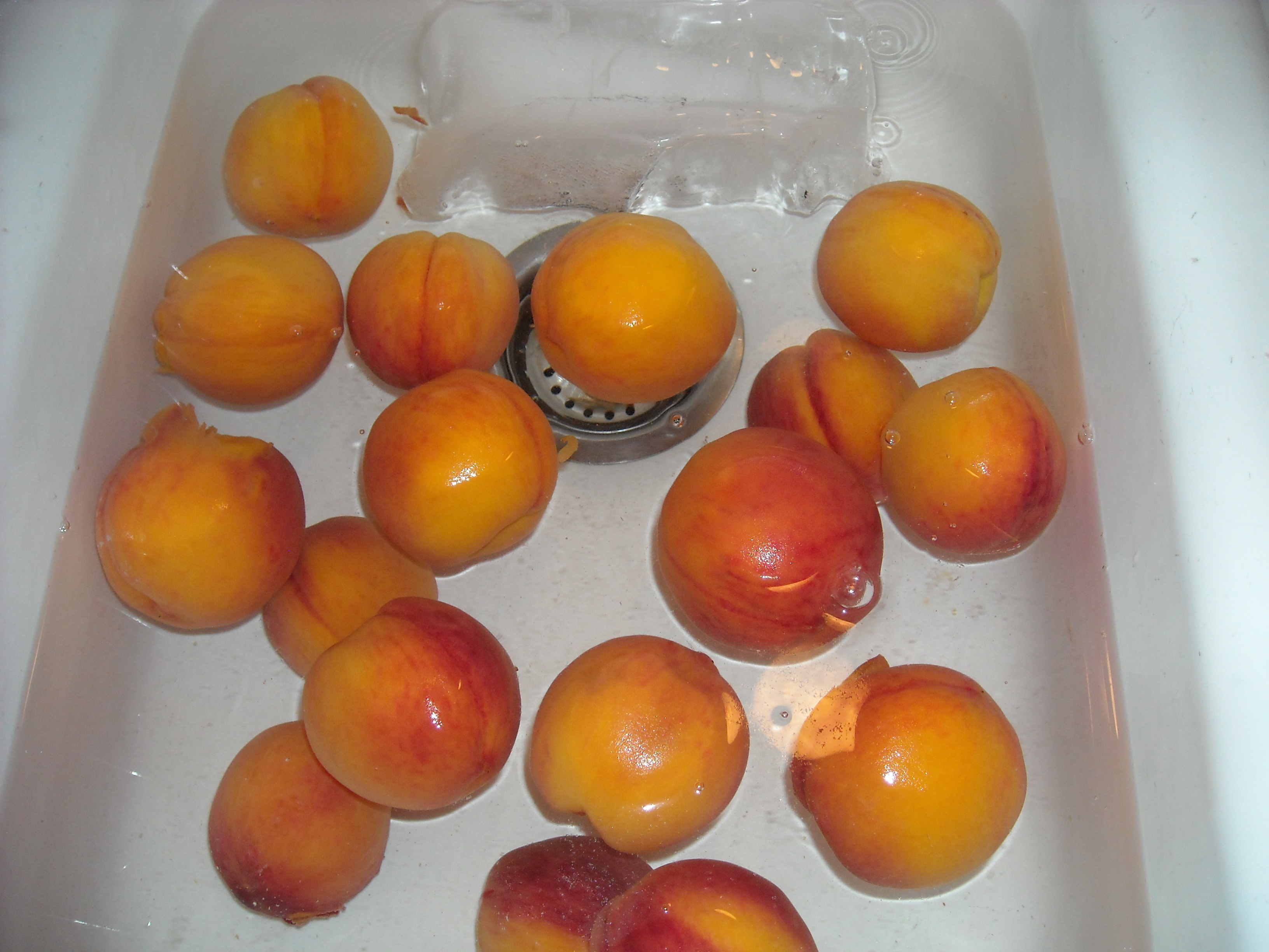 Peaches soaking in cold water.