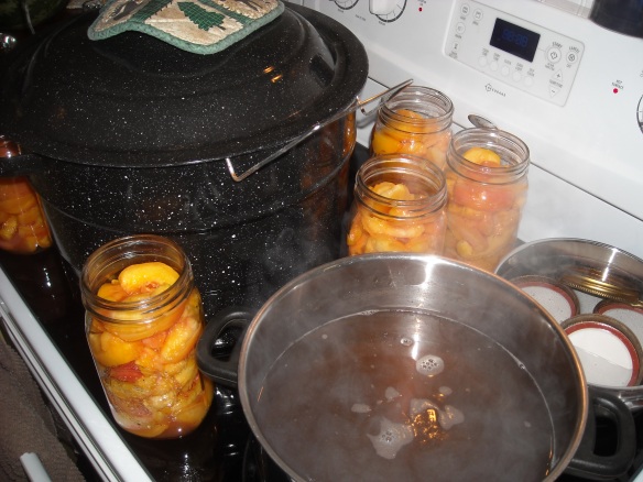 Stove top full of canning supplies for canning peaches.